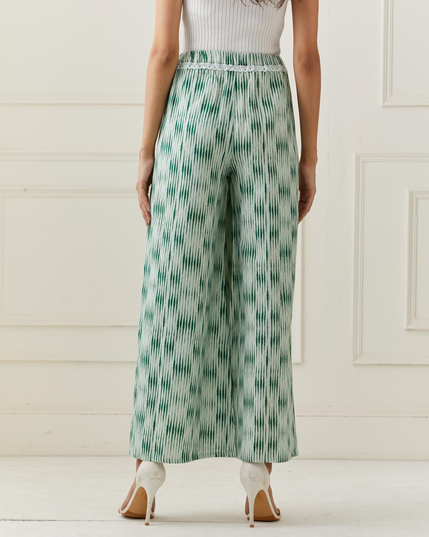 Linen Printed Flared Pants with Lace