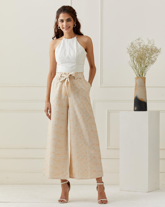 Beige Printed Linen Flared Pants with Belt