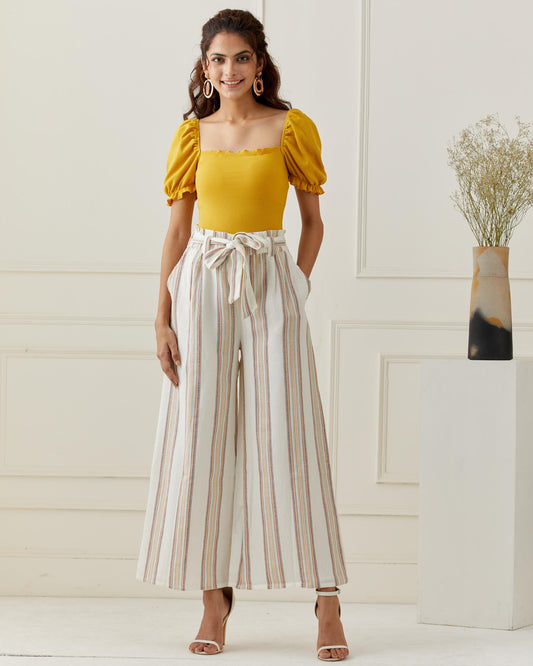 Yarn Dyed Stripe Flared Pants with Belt