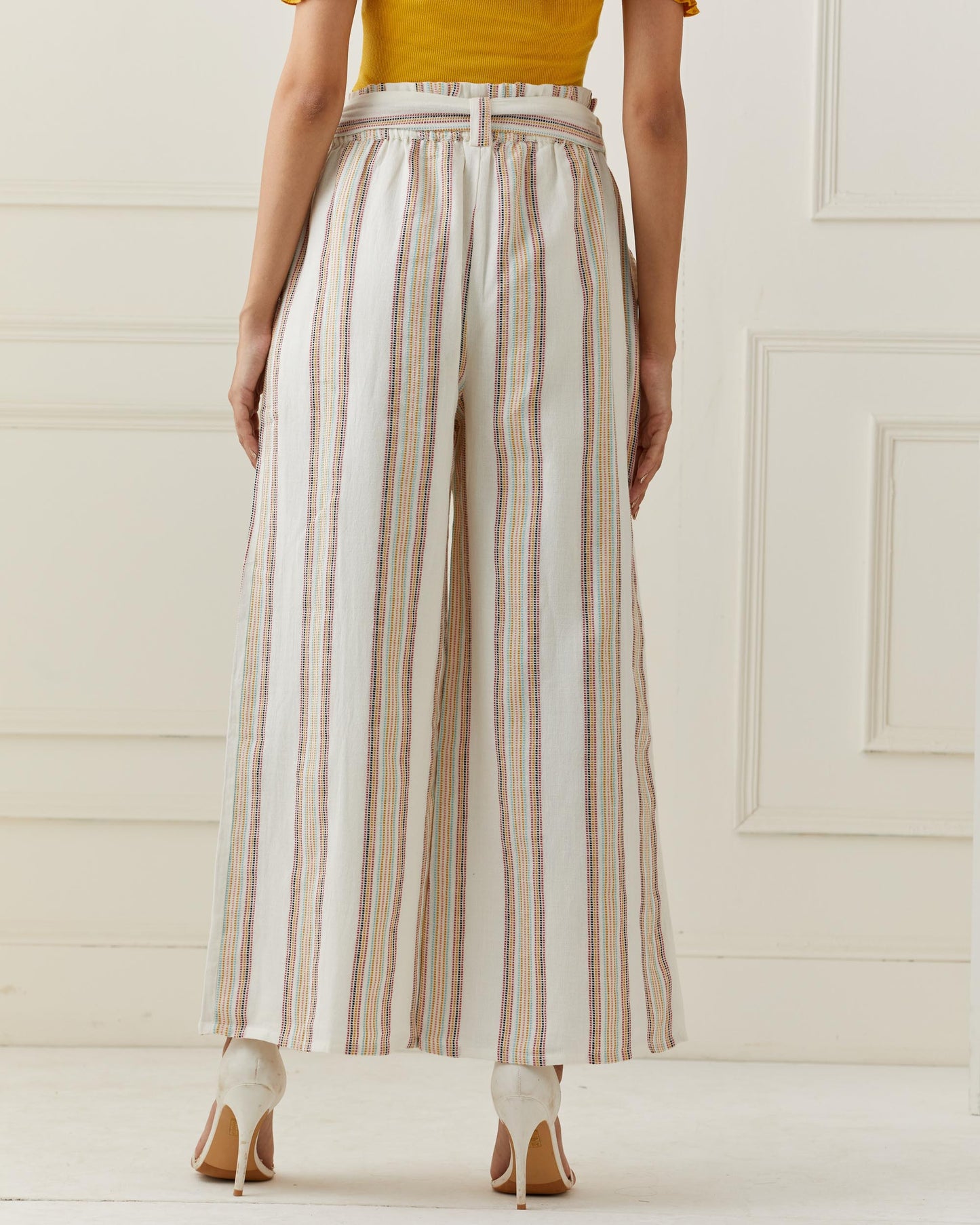 Yarn Dyed Stripe Flared Pants with Belt