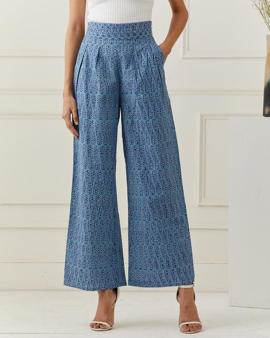 Blue Cotton Printed Flared Pant